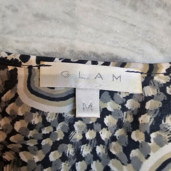 GLAM Tunic Dress M Black Beige Paisley Print Boho Blouse Mini Dress 3/4 Sleeve - Picture 9 of 10